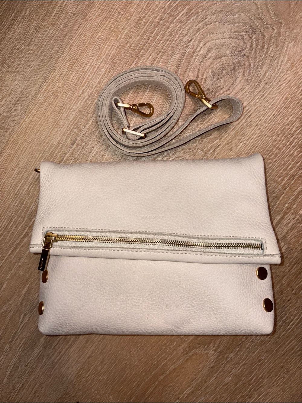 Hammitt White Leather Fold-Over Crossbody Bag with Gold Hardware